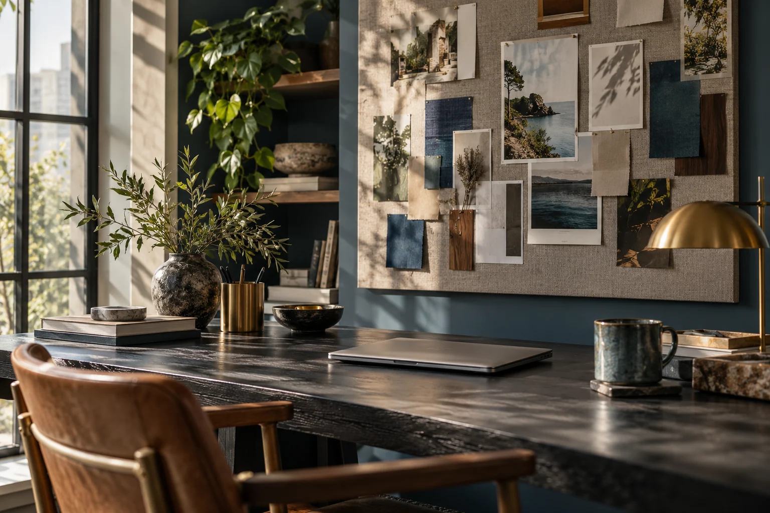 AI-created editorial illustration: A compact creative studio with a dark desk, a closed laptop, fabric pinboard with no text and expressive afternoon light.