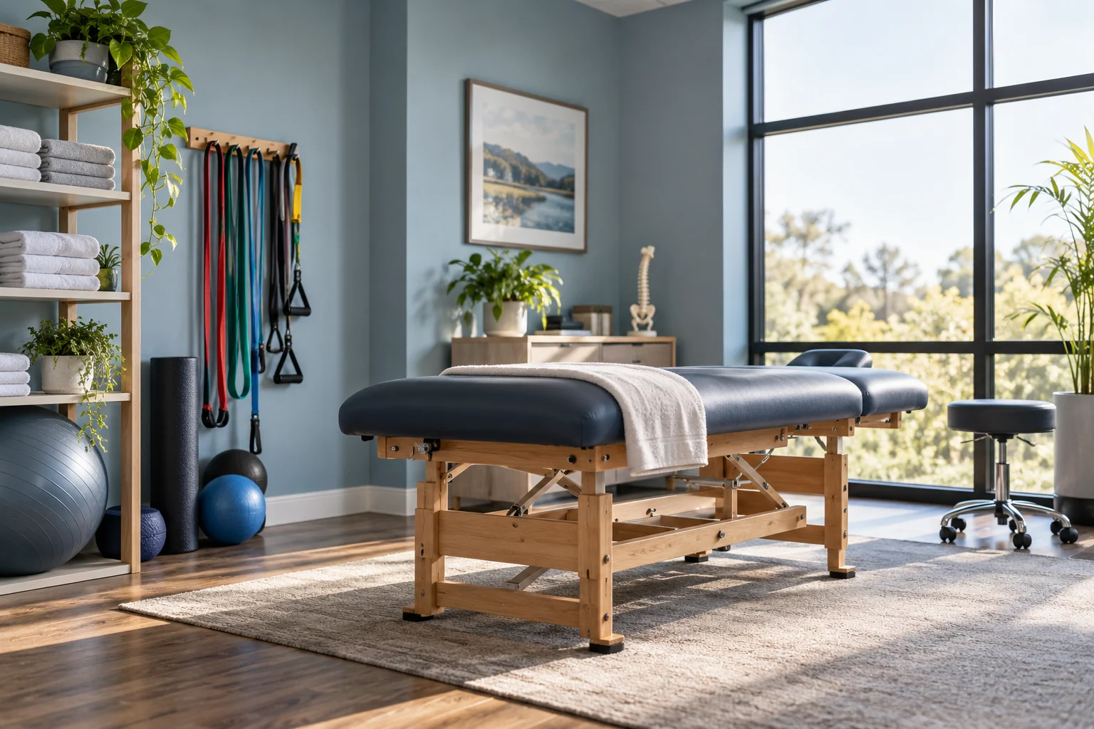AI-created editorial illustration: An immaculate empty physical therapy consultation room with a padded treatment table, neatly stored resistance bands and folded towels, soft blue-grey walls and natural daylight.